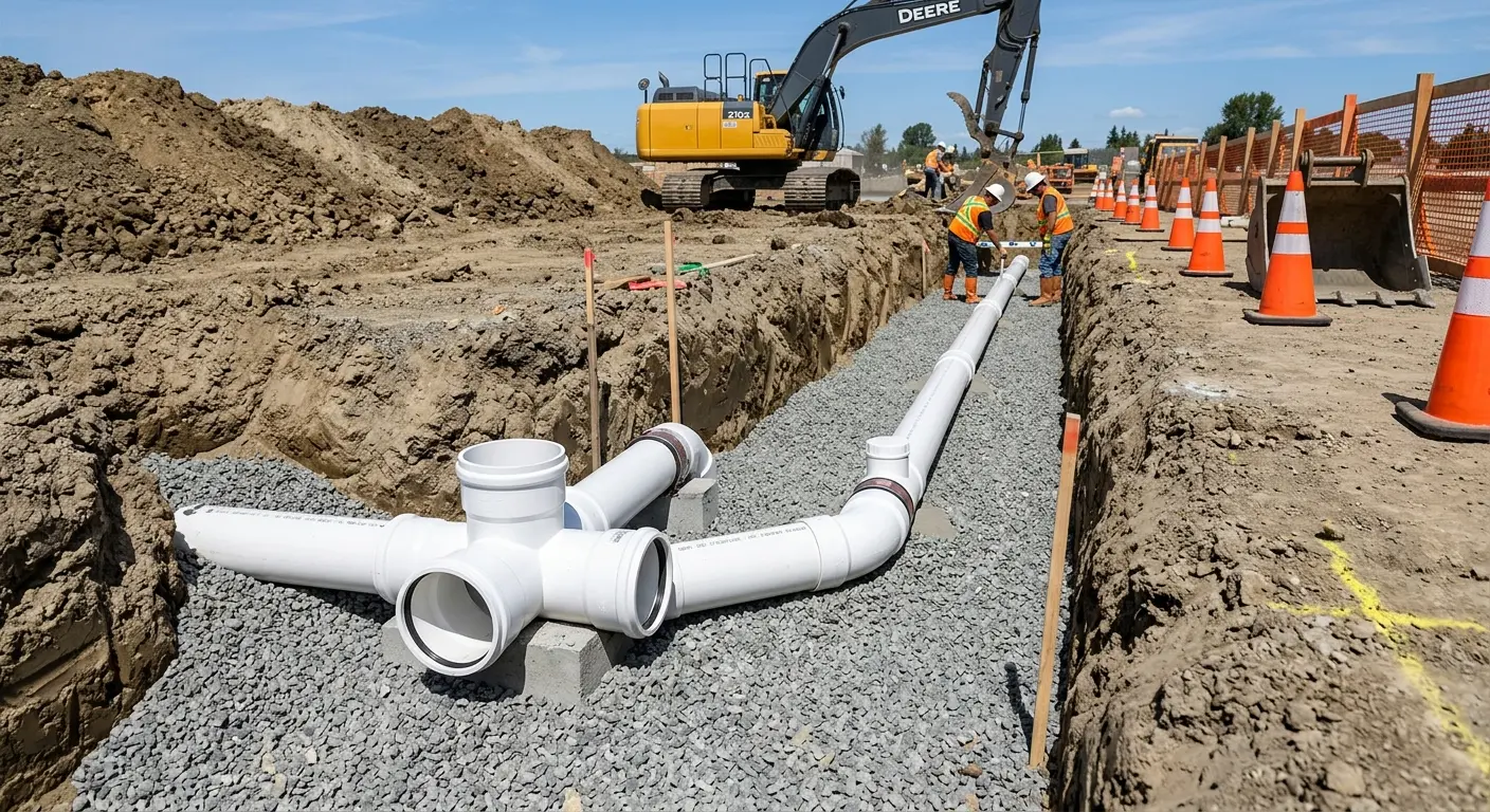 New PVC sewer pipe installation in open trench for Sewer Backup in Chicopee