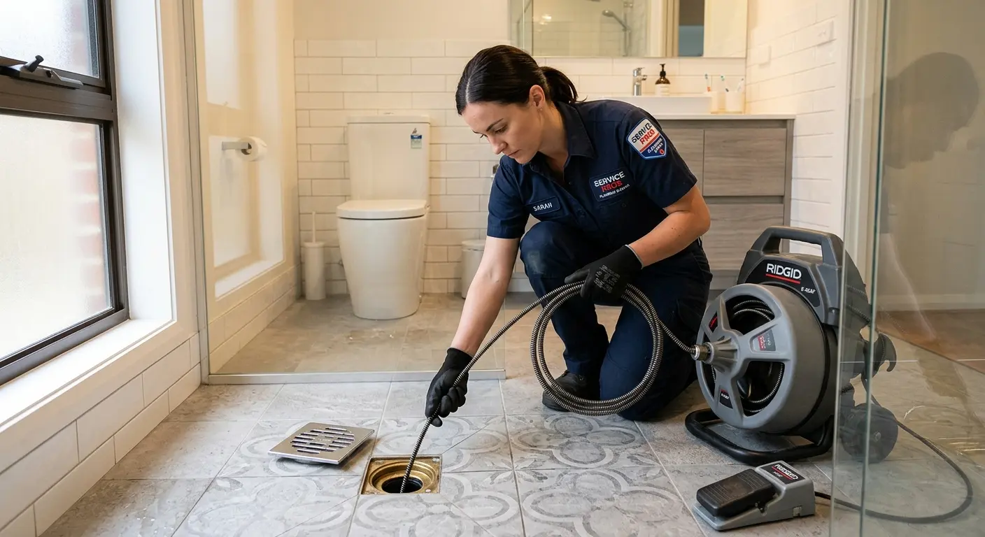 Technician clearing a bathroom floor drain for Sewer Line Installation in Chicopee